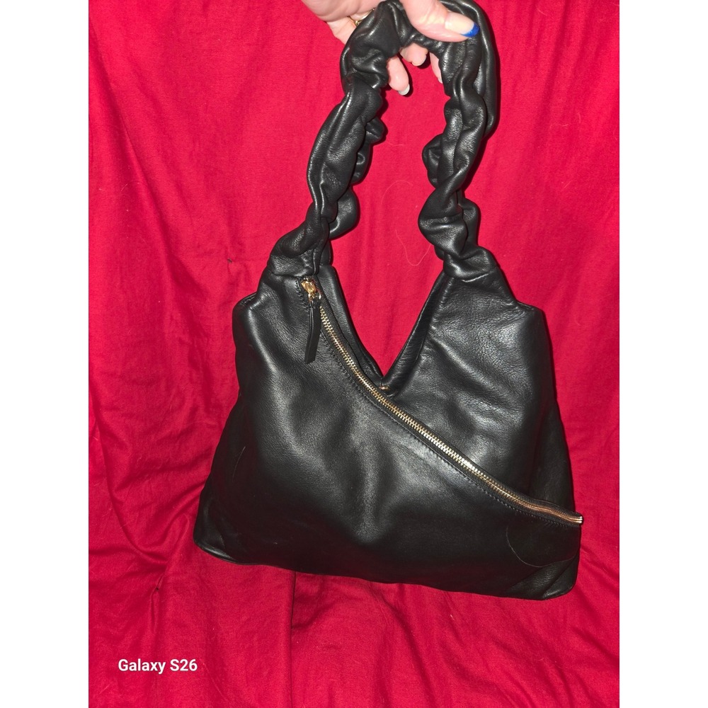 54. Vince Camuto Black Leather Hobo Scrunchie Handle Diagonal Zip Shoulder Bag